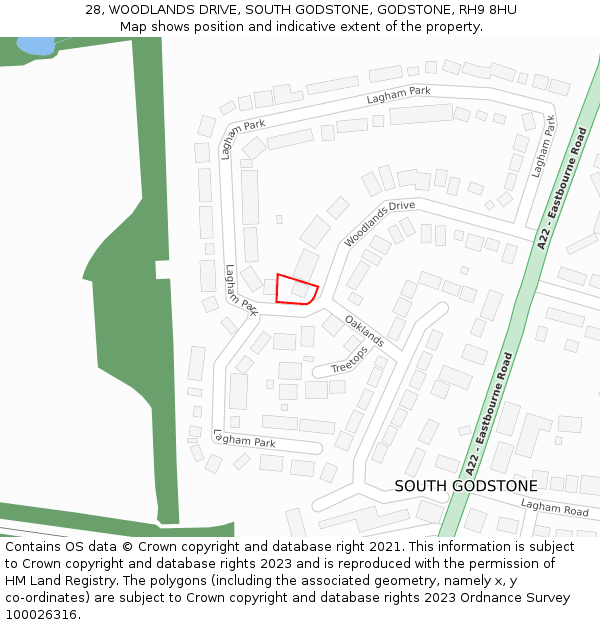 28, WOODLANDS DRIVE, SOUTH GODSTONE, GODSTONE, RH9 8HU: Location map and indicative extent of plot