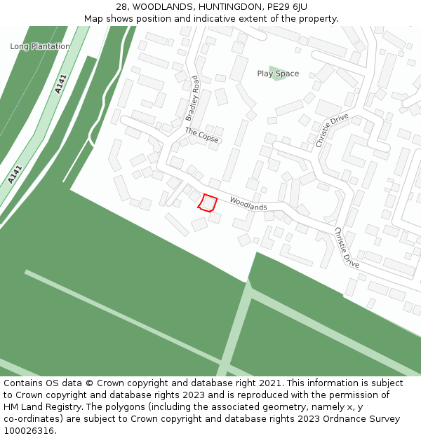 28, WOODLANDS, HUNTINGDON, PE29 6JU: Location map and indicative extent of plot