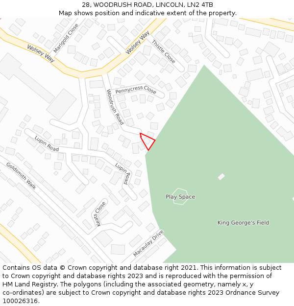 28, WOODRUSH ROAD, LINCOLN, LN2 4TB: Location map and indicative extent of plot