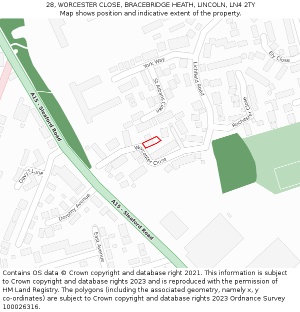 28, WORCESTER CLOSE, BRACEBRIDGE HEATH, LINCOLN, LN4 2TY: Location map and indicative extent of plot