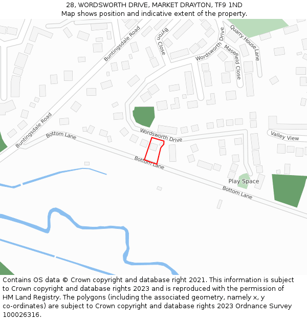 28, WORDSWORTH DRIVE, MARKET DRAYTON, TF9 1ND: Location map and indicative extent of plot