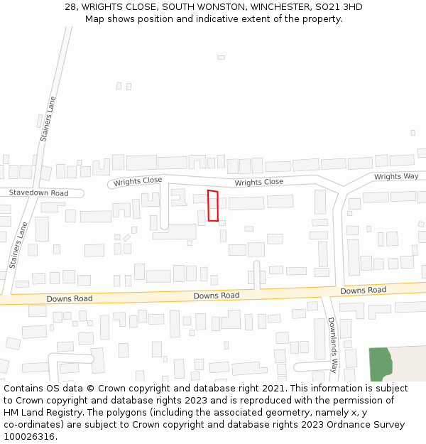 28, WRIGHTS CLOSE, SOUTH WONSTON, WINCHESTER, SO21 3HD: Location map and indicative extent of plot