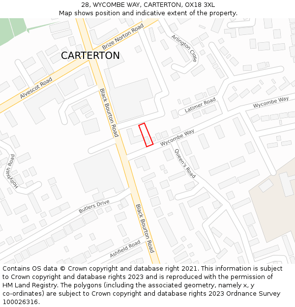 28, WYCOMBE WAY, CARTERTON, OX18 3XL: Location map and indicative extent of plot