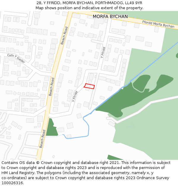 28, Y FFRIDD, MORFA BYCHAN, PORTHMADOG, LL49 9YR: Location map and indicative extent of plot