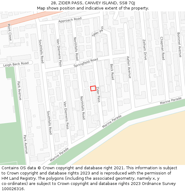 28, ZIDER PASS, CANVEY ISLAND, SS8 7QJ: Location map and indicative extent of plot