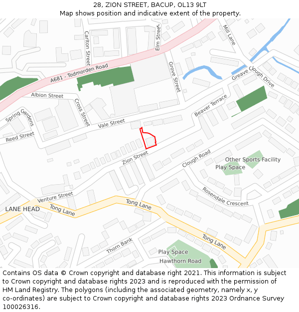 28, ZION STREET, BACUP, OL13 9LT: Location map and indicative extent of plot