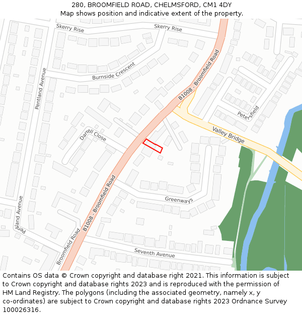 280, BROOMFIELD ROAD, CHELMSFORD, CM1 4DY: Location map and indicative extent of plot