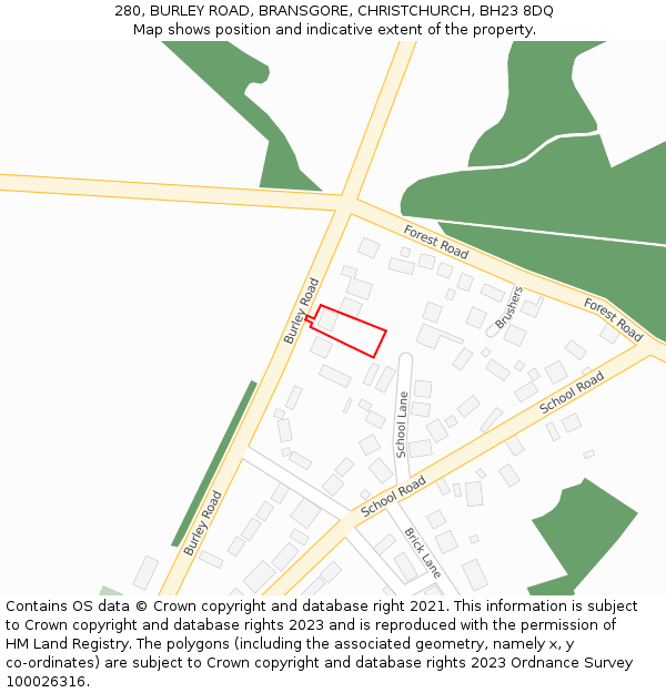 280, BURLEY ROAD, BRANSGORE, CHRISTCHURCH, BH23 8DQ: Location map and indicative extent of plot