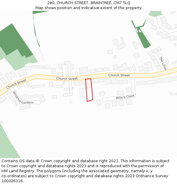 280, CHURCH STREET, BRAINTREE, CM7 5LQ: Location map and indicative extent of plot
