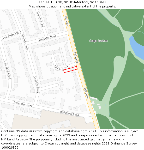 280, HILL LANE, SOUTHAMPTON, SO15 7NU: Location map and indicative extent of plot