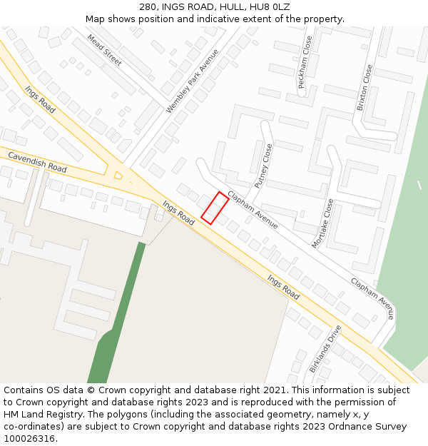 280, INGS ROAD, HULL, HU8 0LZ: Location map and indicative extent of plot