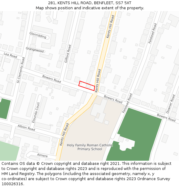 281, KENTS HILL ROAD, BENFLEET, SS7 5XT: Location map and indicative extent of plot