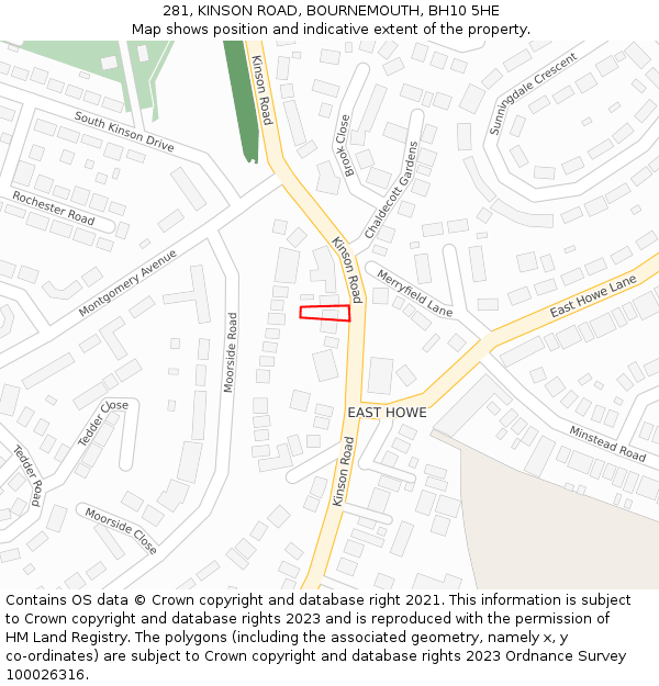 281, KINSON ROAD, BOURNEMOUTH, BH10 5HE: Location map and indicative extent of plot