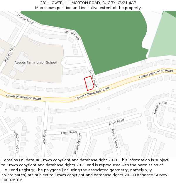 281, LOWER HILLMORTON ROAD, RUGBY, CV21 4AB: Location map and indicative extent of plot