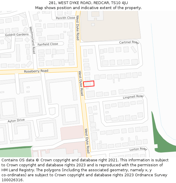 281, WEST DYKE ROAD, REDCAR, TS10 4JU: Location map and indicative extent of plot