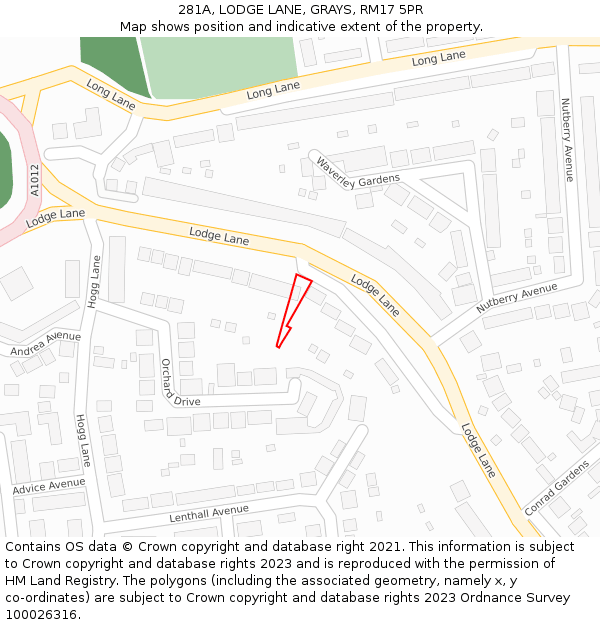 281A, LODGE LANE, GRAYS, RM17 5PR: Location map and indicative extent of plot