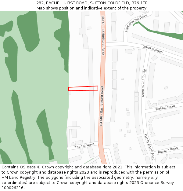 282, EACHELHURST ROAD, SUTTON COLDFIELD, B76 1EP: Location map and indicative extent of plot