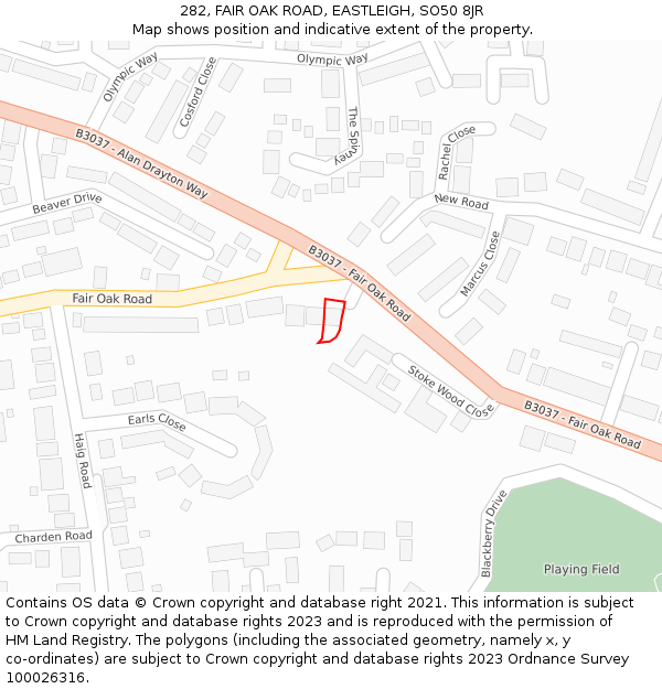 282, FAIR OAK ROAD, EASTLEIGH, SO50 8JR: Location map and indicative extent of plot