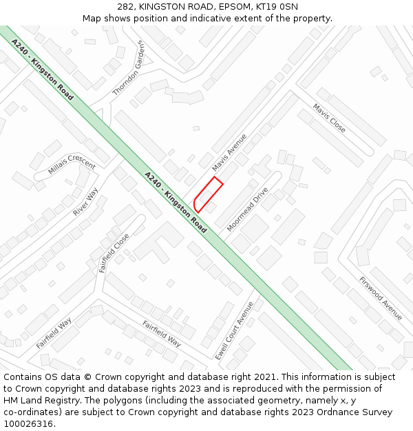 282, KINGSTON ROAD, EPSOM, KT19 0SN: Location map and indicative extent of plot