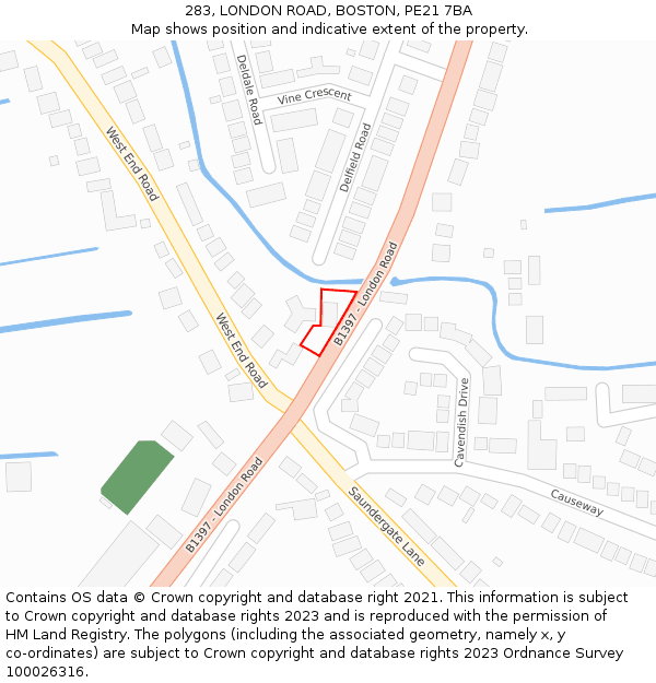 283, LONDON ROAD, BOSTON, PE21 7BA: Location map and indicative extent of plot