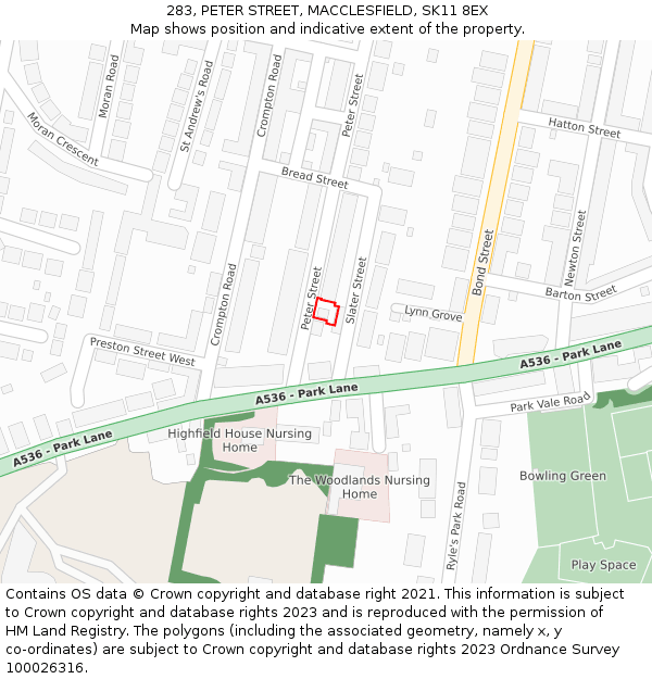 283, PETER STREET, MACCLESFIELD, SK11 8EX: Location map and indicative extent of plot