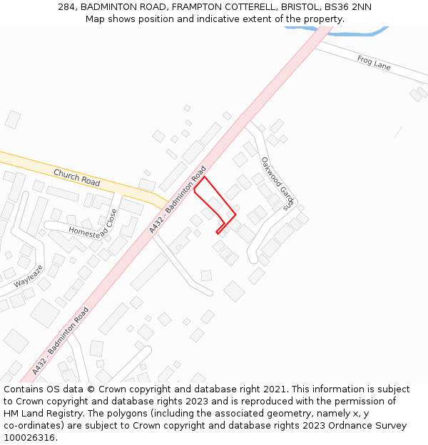 284, BADMINTON ROAD, FRAMPTON COTTERELL, BRISTOL, BS36 2NN: Location map and indicative extent of plot