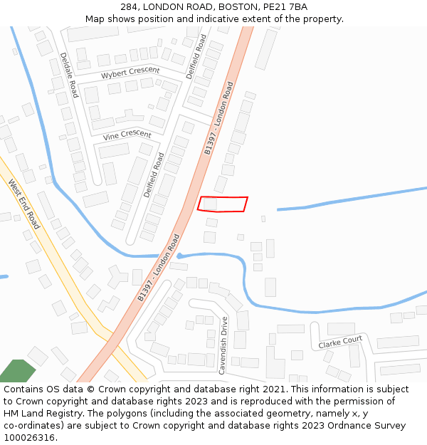 284, LONDON ROAD, BOSTON, PE21 7BA: Location map and indicative extent of plot