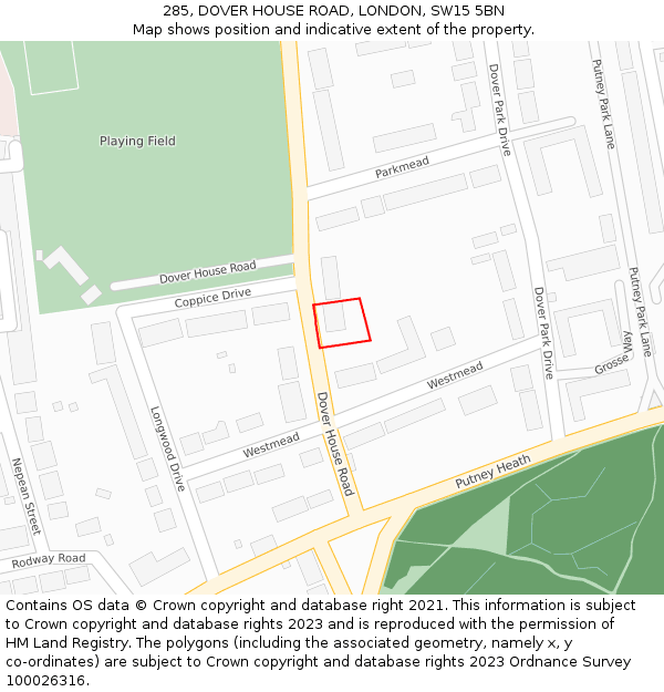 285, DOVER HOUSE ROAD, LONDON, SW15 5BN: Location map and indicative extent of plot