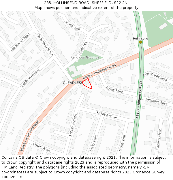 285, HOLLINSEND ROAD, SHEFFIELD, S12 2NL: Location map and indicative extent of plot