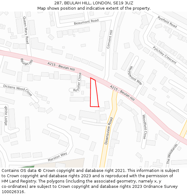 287, BEULAH HILL, LONDON, SE19 3UZ: Location map and indicative extent of plot