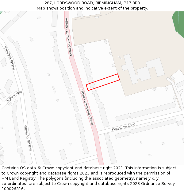 287, LORDSWOOD ROAD, BIRMINGHAM, B17 8PR: Location map and indicative extent of plot