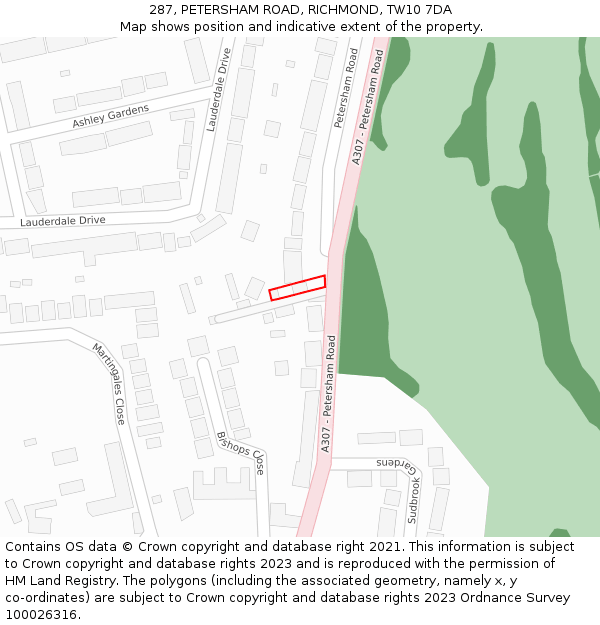 287, PETERSHAM ROAD, RICHMOND, TW10 7DA: Location map and indicative extent of plot