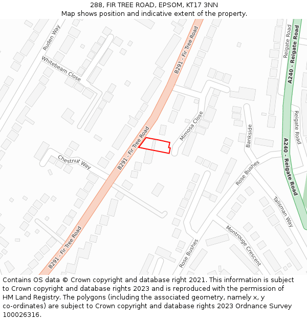 288, FIR TREE ROAD, EPSOM, KT17 3NN: Location map and indicative extent of plot