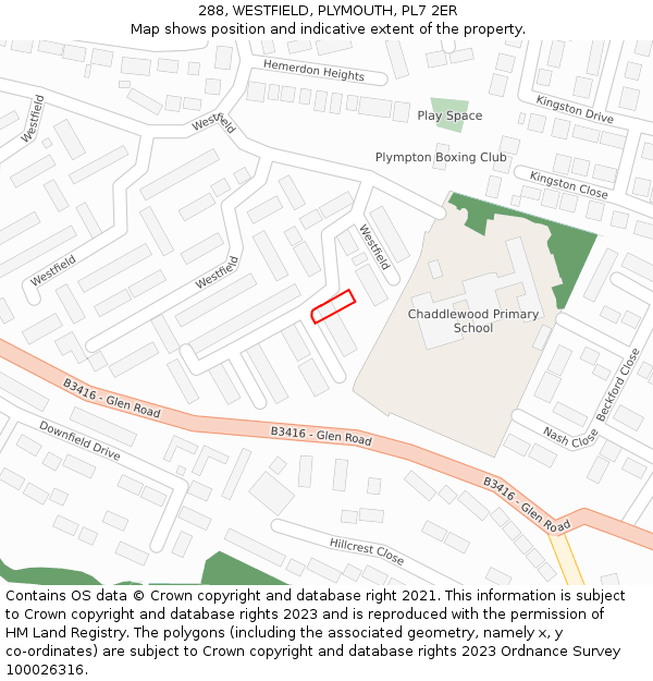 288, WESTFIELD, PLYMOUTH, PL7 2ER: Location map and indicative extent of plot