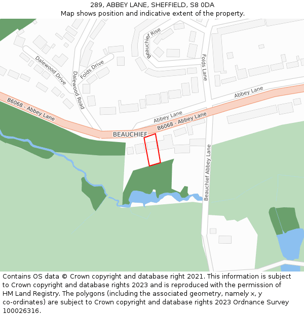 289, ABBEY LANE, SHEFFIELD, S8 0DA: Location map and indicative extent of plot