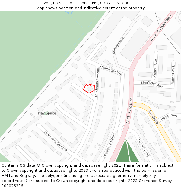 289, LONGHEATH GARDENS, CROYDON, CR0 7TZ: Location map and indicative extent of plot