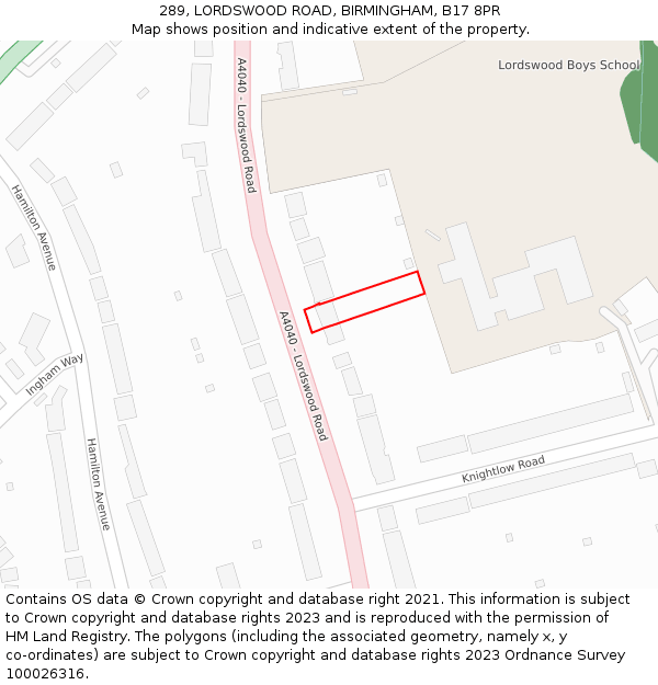 289, LORDSWOOD ROAD, BIRMINGHAM, B17 8PR: Location map and indicative extent of plot
