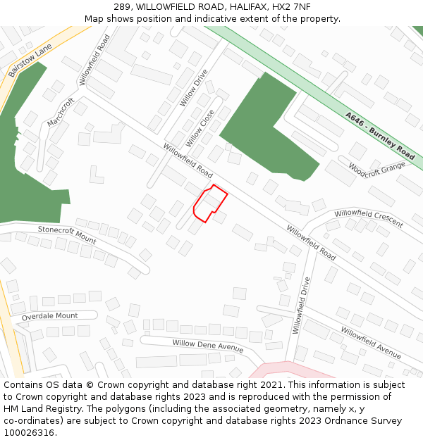 289, WILLOWFIELD ROAD, HALIFAX, HX2 7NF: Location map and indicative extent of plot