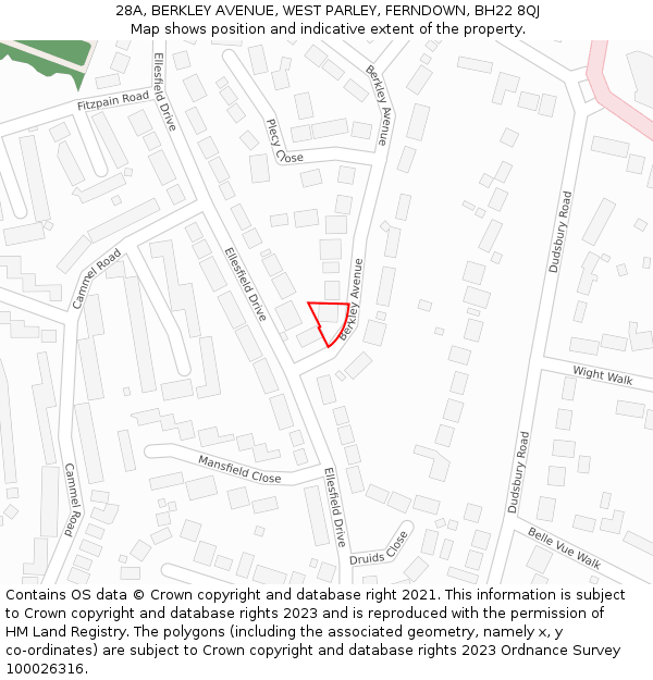28A, BERKLEY AVENUE, WEST PARLEY, FERNDOWN, BH22 8QJ: Location map and indicative extent of plot