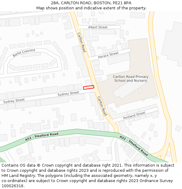 28A, CARLTON ROAD, BOSTON, PE21 8PA: Location map and indicative extent of plot