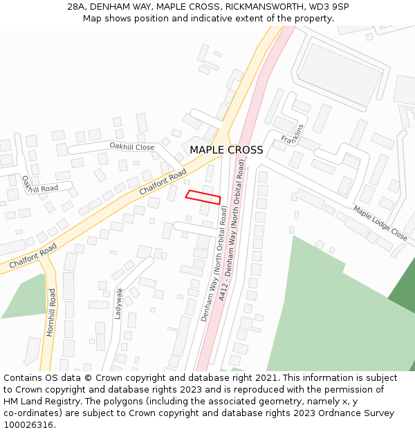 28A, DENHAM WAY, MAPLE CROSS, RICKMANSWORTH, WD3 9SP: Location map and indicative extent of plot