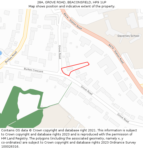 28A, GROVE ROAD, BEACONSFIELD, HP9 1UP: Location map and indicative extent of plot