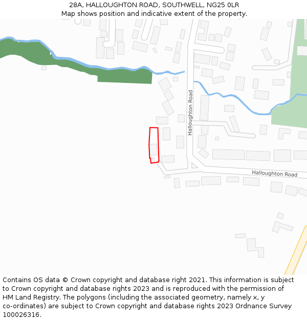 28A, HALLOUGHTON ROAD, SOUTHWELL, NG25 0LR: Location map and indicative extent of plot