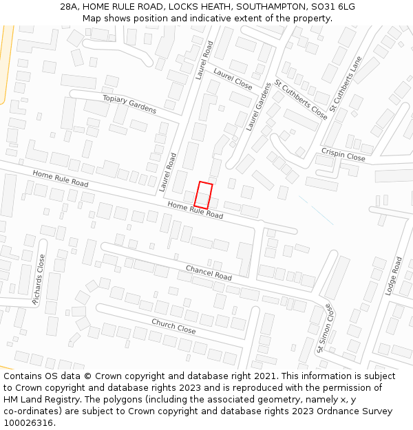 28A, HOME RULE ROAD, LOCKS HEATH, SOUTHAMPTON, SO31 6LG: Location map and indicative extent of plot