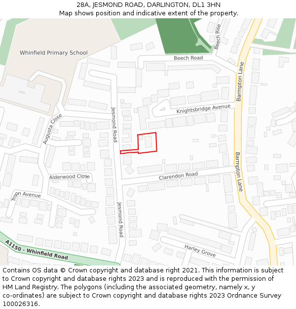 28A, JESMOND ROAD, DARLINGTON, DL1 3HN: Location map and indicative extent of plot