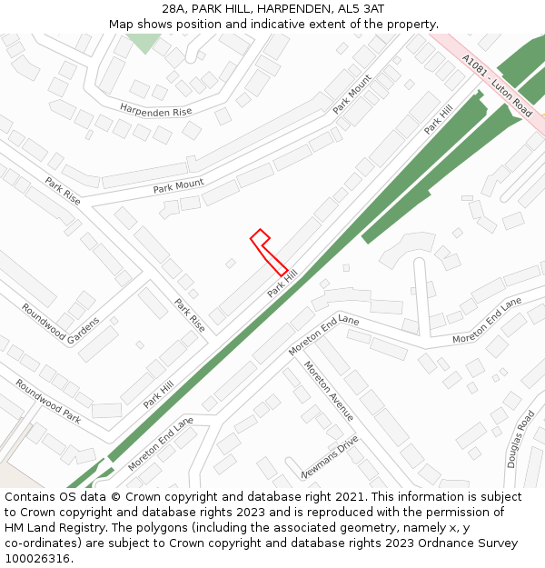 28A, PARK HILL, HARPENDEN, AL5 3AT: Location map and indicative extent of plot