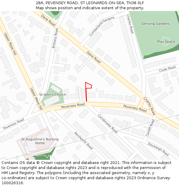 28A, PEVENSEY ROAD, ST LEONARDS-ON-SEA, TN38 0LF: Location map and indicative extent of plot