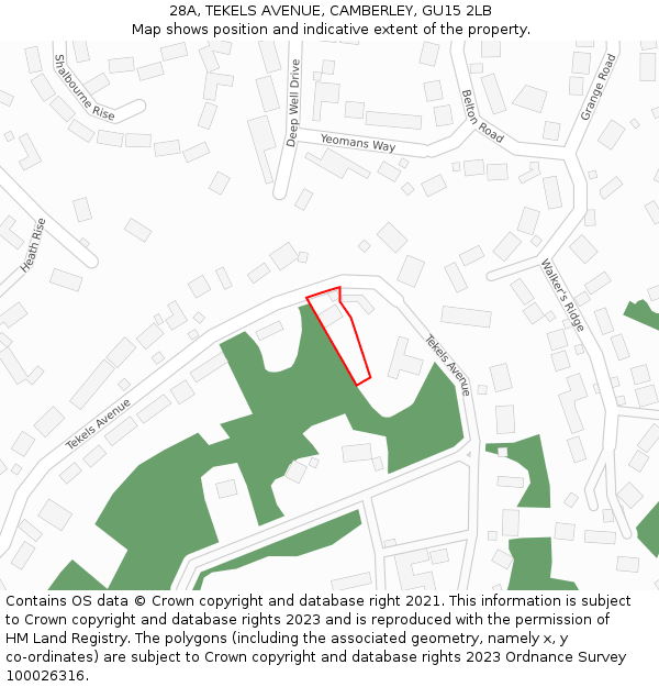28A, TEKELS AVENUE, CAMBERLEY, GU15 2LB: Location map and indicative extent of plot