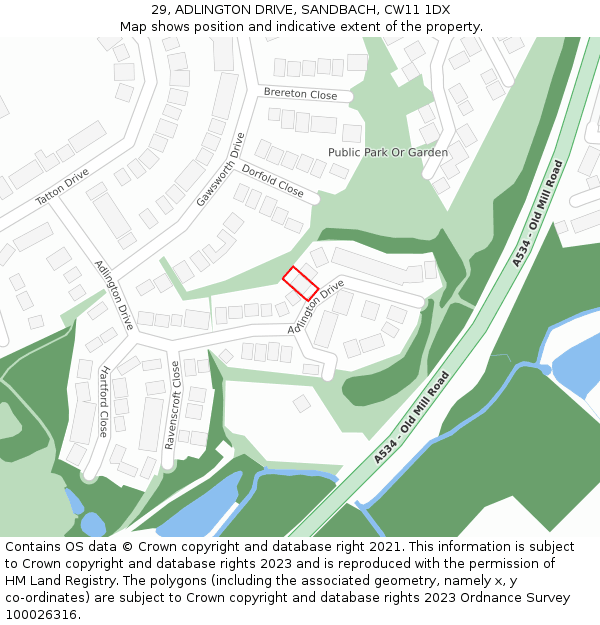 29, ADLINGTON DRIVE, SANDBACH, CW11 1DX: Location map and indicative extent of plot