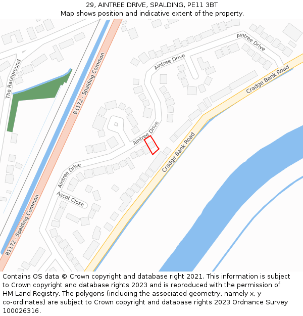 29, AINTREE DRIVE, SPALDING, PE11 3BT: Location map and indicative extent of plot